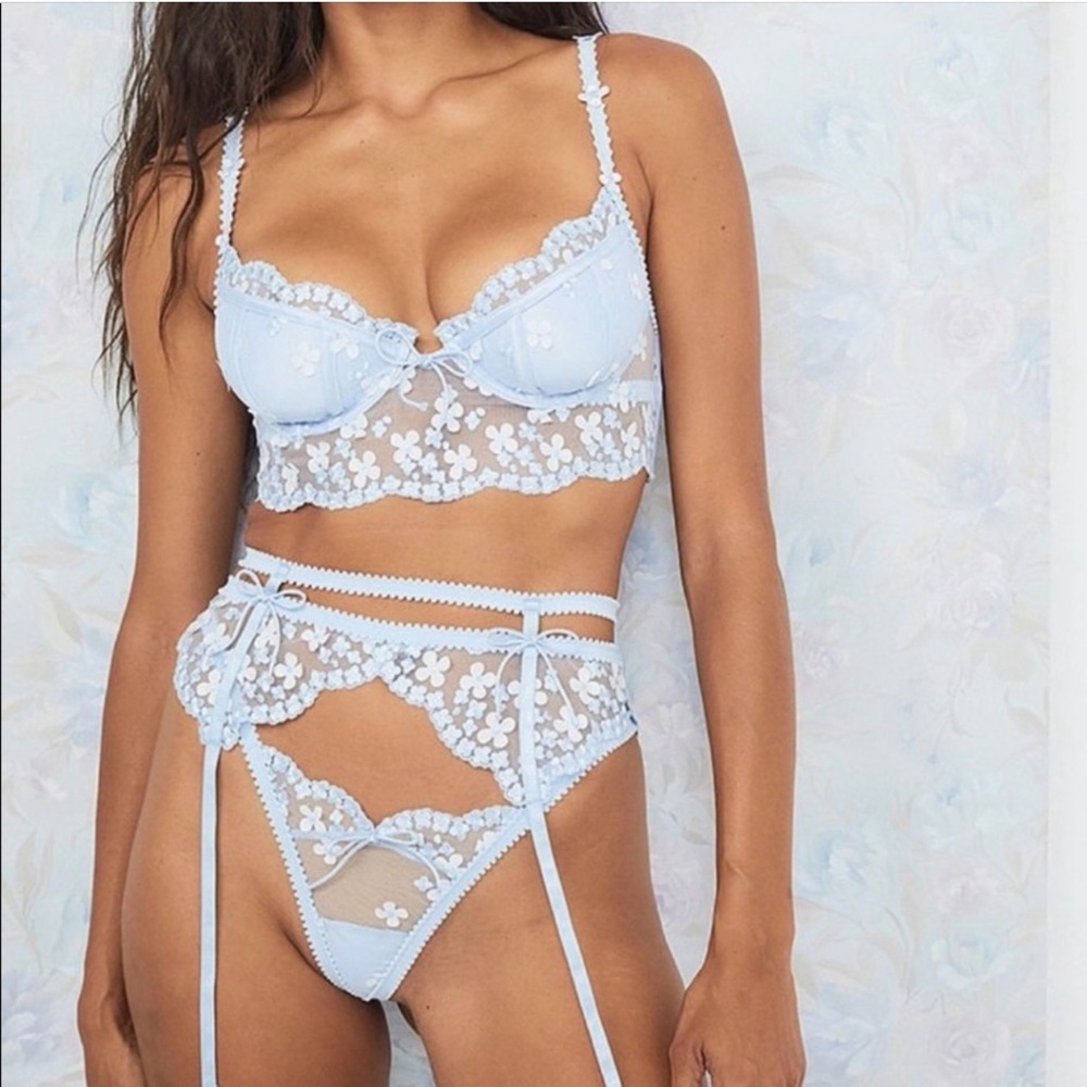 For Love and Lemons blue daisy 3 piece lingerie set
